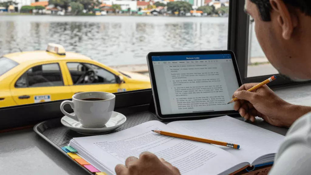 a Brazilian woman in her late 20s reviewing an IELTS online course workflow