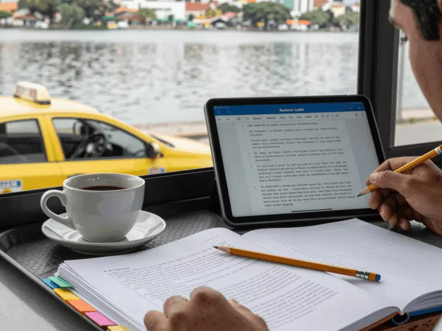 Mesa de estudo IELTS mostrando estruturas gramaticais conectadas a cartões de frases de vocabulário