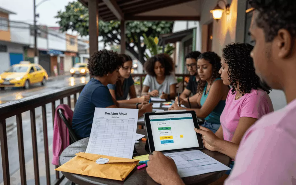 a Brazilian woman in her late 20s working through Decidir