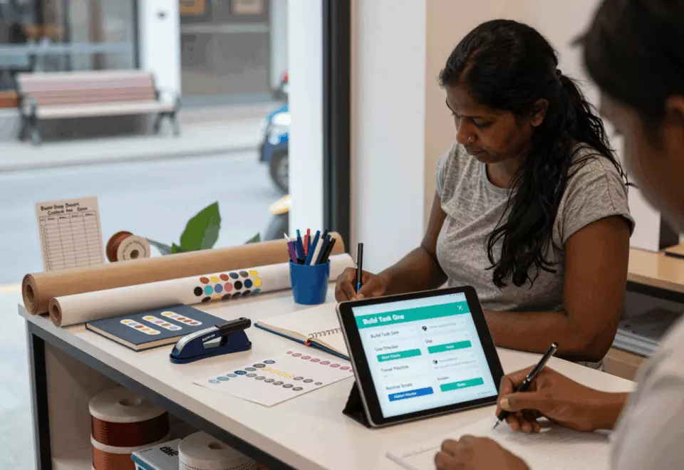 a Sri Lankan woman in her late 20s choosing the next IELTS prep step online