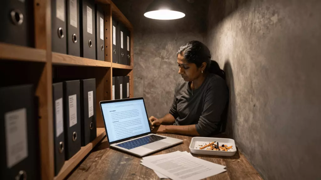 a Sri Lankan woman in her late 20s working through සංශෝධනය කරන්න