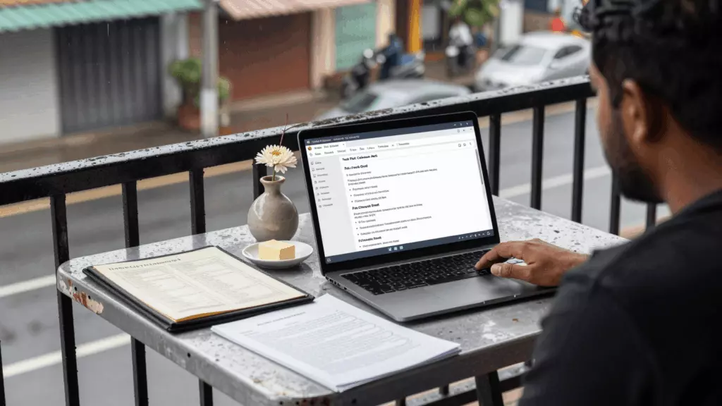 a Sri Lankan woman in her late 20s reviewing an IELTS online course workflow