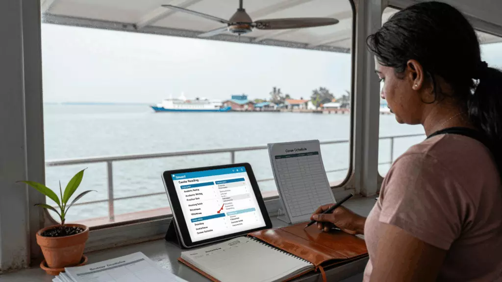 a Sri Lankan woman in her late 20s working through තෝරන්න