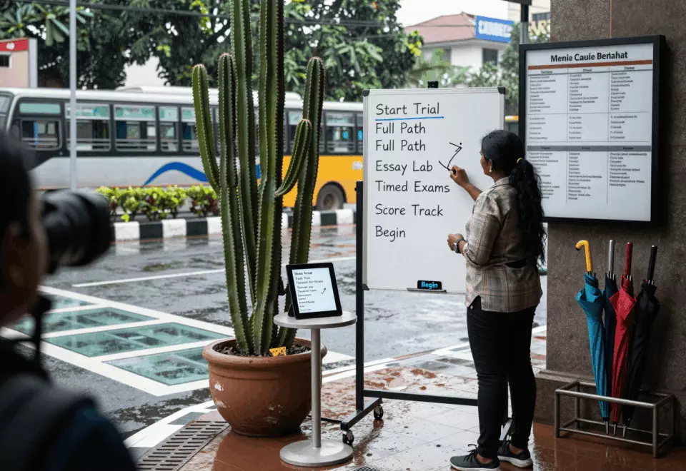 a Sri Lankan woman in her late 20s choosing the next IELTS prep step online