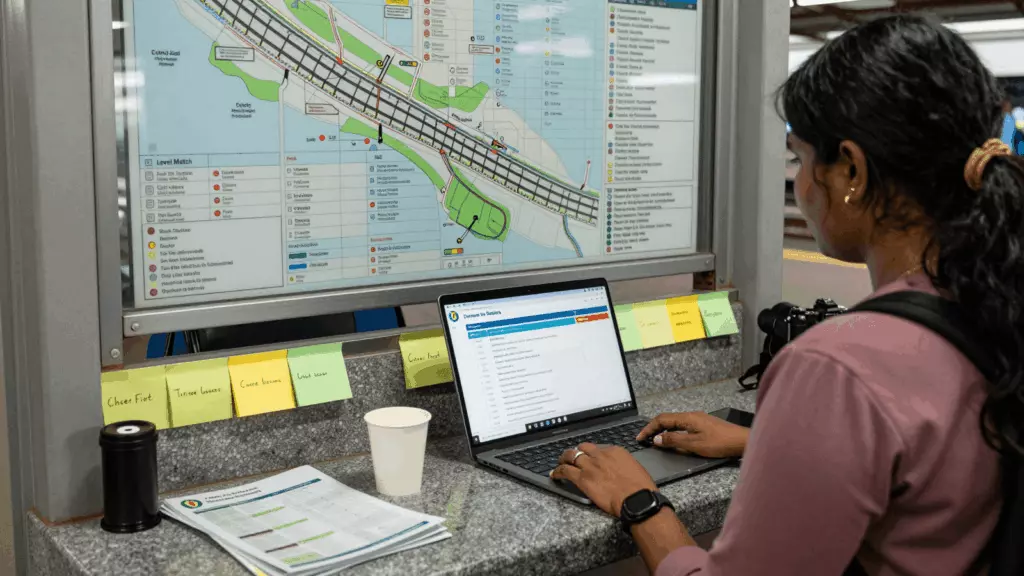 a Sri Lankan woman in her late 20s reviewing an IELTS online course workflow