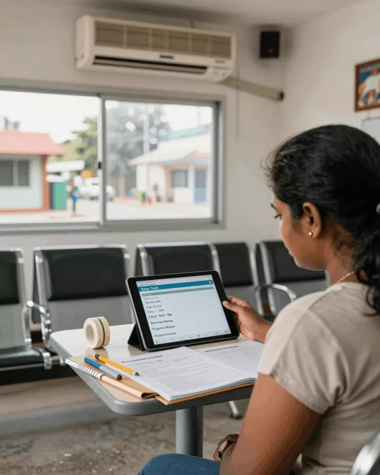 a Sri Lankan woman in her late 20s preparing online for සම්පූර්ණ IELTS පාඨමාලා පිරික්සුම් ලැයිස්තුව: සෑම හොඳ IELTS පාඨමාලාවකටම ඇතුළත් විය යුතු දේ