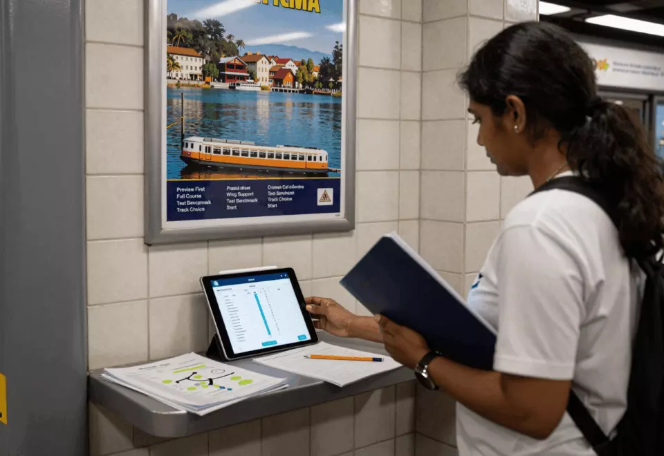 a Sri Lankan woman in her late 20s choosing the next IELTS prep step online