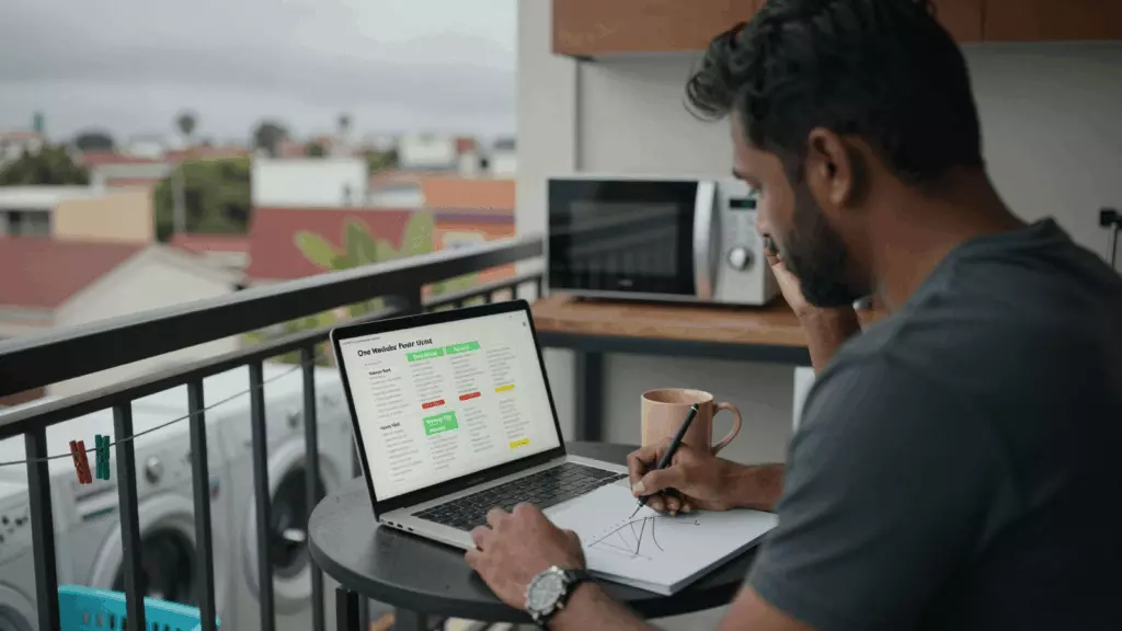 a Sri Lankan woman in her late 20s reviewing an IELTS online course workflow
