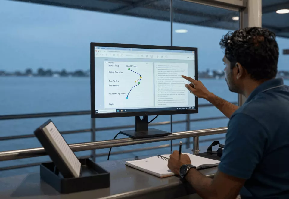 a Sri Lankan woman in her late 20s choosing the next IELTS prep step online