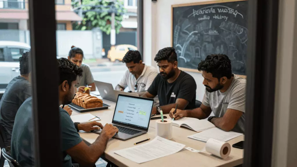 a Sri Lankan woman in her late 20s reviewing an IELTS online course workflow