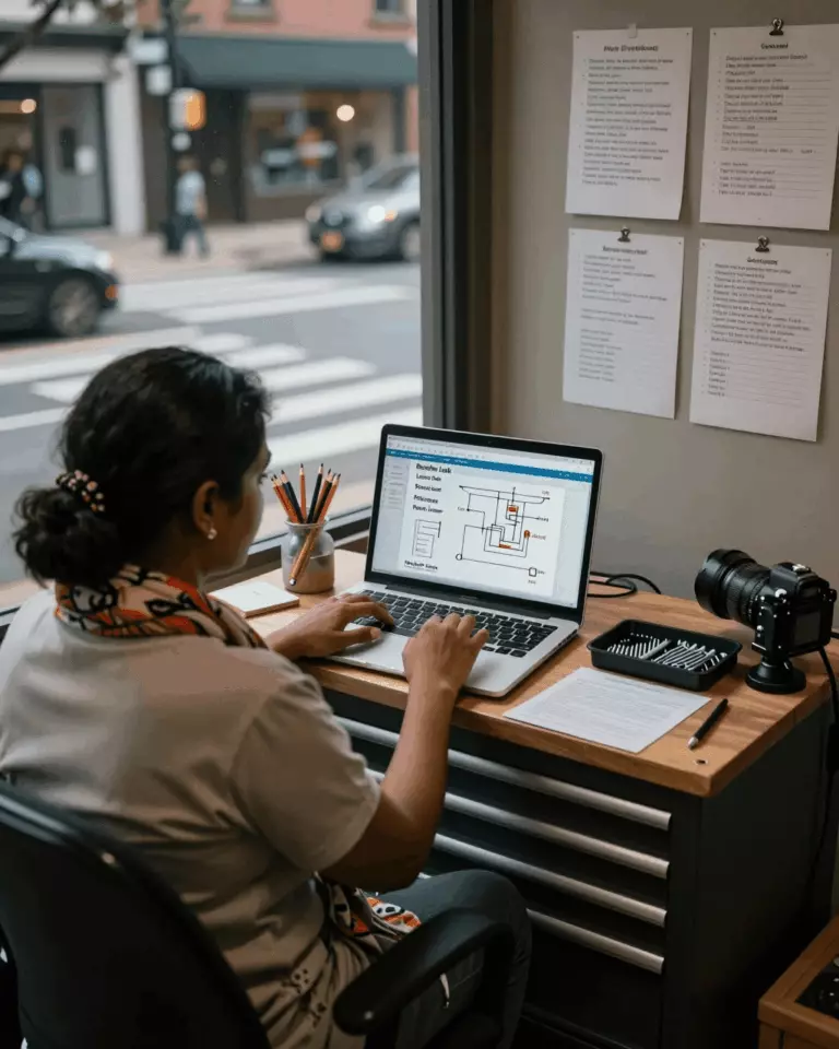 a Sri Lankan woman in her late 20s preparing online for පාඩම්, අභ්‍යාස සහ ලිවීමේ සමාලෝචන සමඟින් ඔබේ IELTS බෑන්ඩ් ලකුණු වැඩි දියුණු කරගන්නේ කෙසේද
