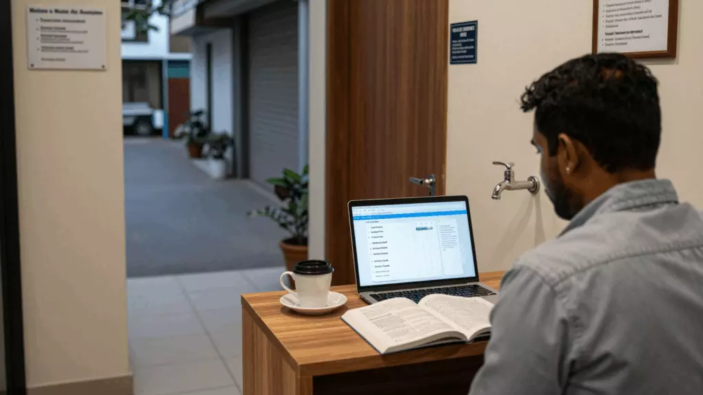 a Sri Lankan woman in her late 20s reviewing an IELTS online course workflow