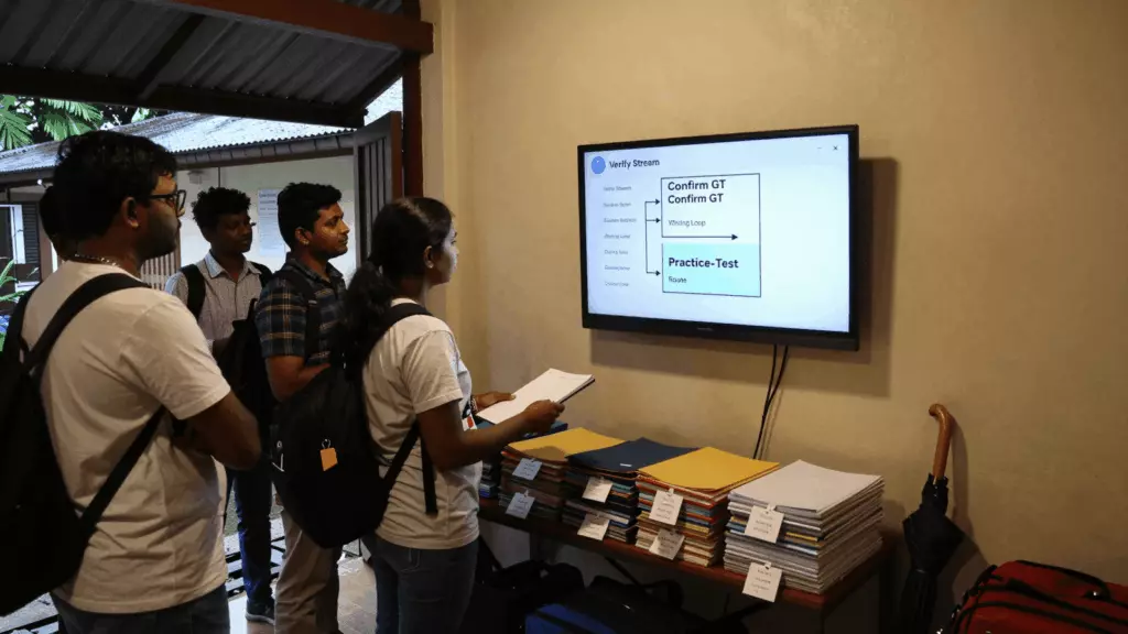 a Sri Lankan woman in her late 20s reviewing an IELTS online course workflow