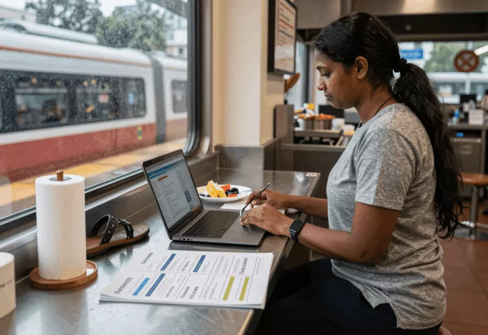 a Sri Lankan woman in her late 20s choosing the next IELTS prep step online