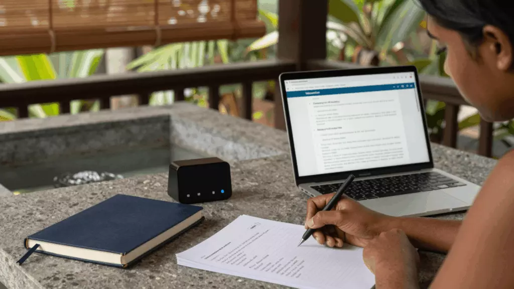 a Sri Lankan woman in her late 20s working through කෙටුම්පත්