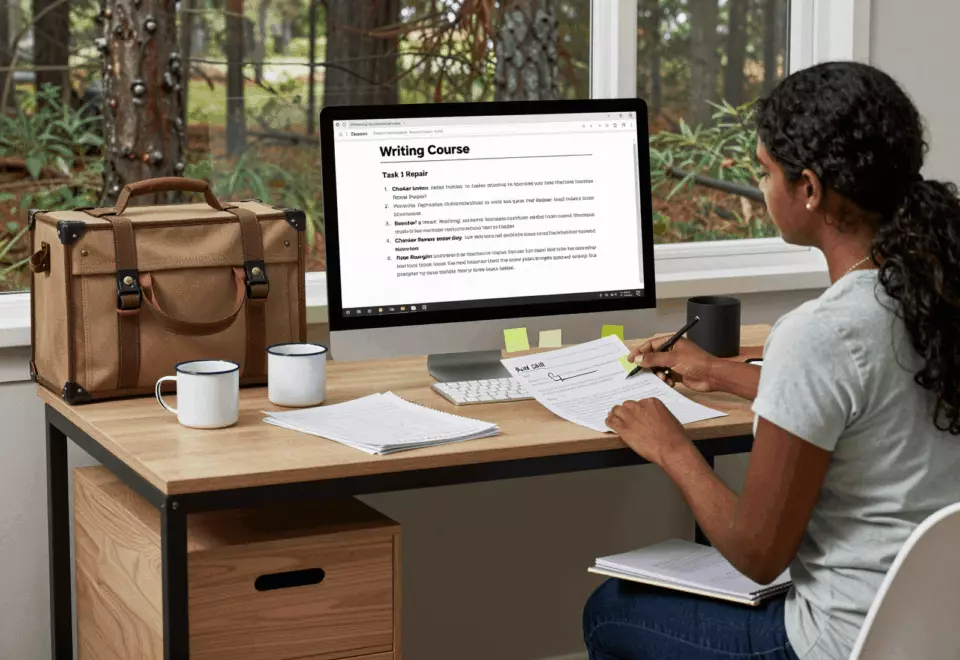 a Sri Lankan woman in her late 20s choosing the next IELTS prep step online