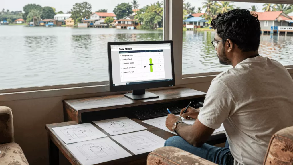 a Sri Lankan woman in her late 20s reviewing an IELTS online course workflow