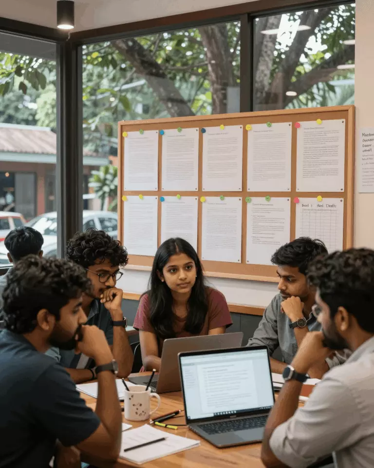 a Sri Lankan woman in her late 20s preparing online for IELTS Essay Checker vs Teacher Feedback: ඇත්තටම ලිවීම වැඩි දියුණු කරන්නේ කුමක්ද?