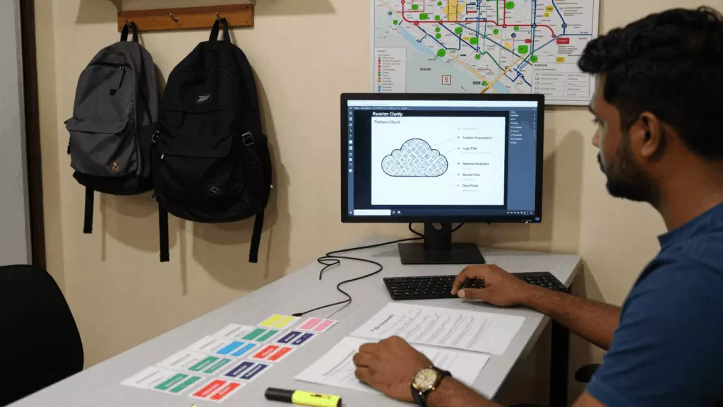 a Sri Lankan woman in her late 20s reviewing an IELTS online course workflow