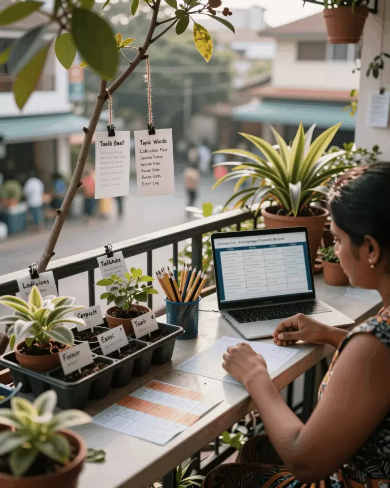 a Sri Lankan woman in her late 20s preparing online for ඉහළ සංගීත කණ්ඩායමක් සඳහා IELTS ව්‍යාකරණ සහ වචන මාලාව: මුලින්ම ඉගෙන ගත යුතු දේ