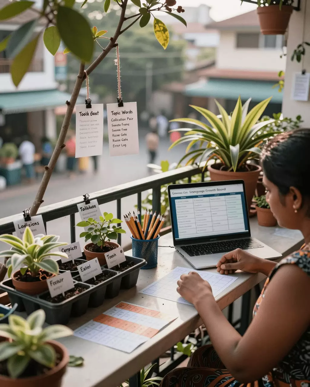 a Sri Lankan woman in her late 20s preparing online for ඉහළ සංගීත කණ්ඩායමක් සඳහා IELTS ව්යාකරණ සහ වචන මාලාව: මුලින්ම ඉගෙන ගත යුතු දේ