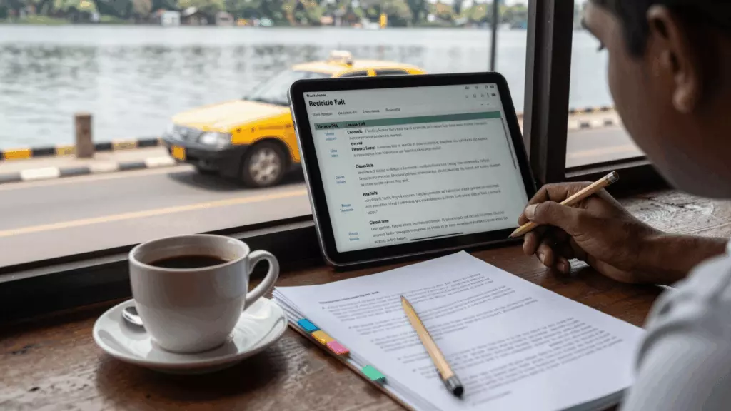 a Sri Lankan woman in her late 20s reviewing an IELTS online course workflow
