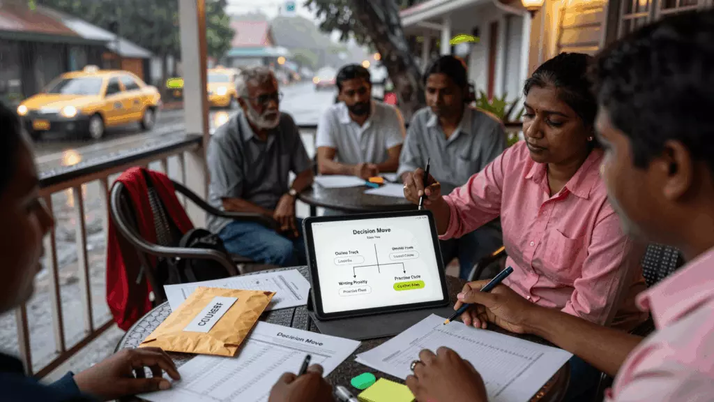 a Sri Lankan woman in her late 20s working through තීරණය කරන්න