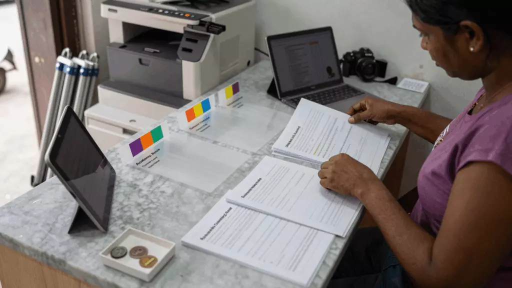 a Tamil woman in her late 20s working through Orient