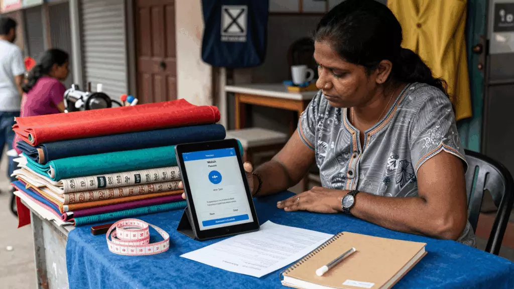 a Tamil woman in her late 20s working through படிப்பு