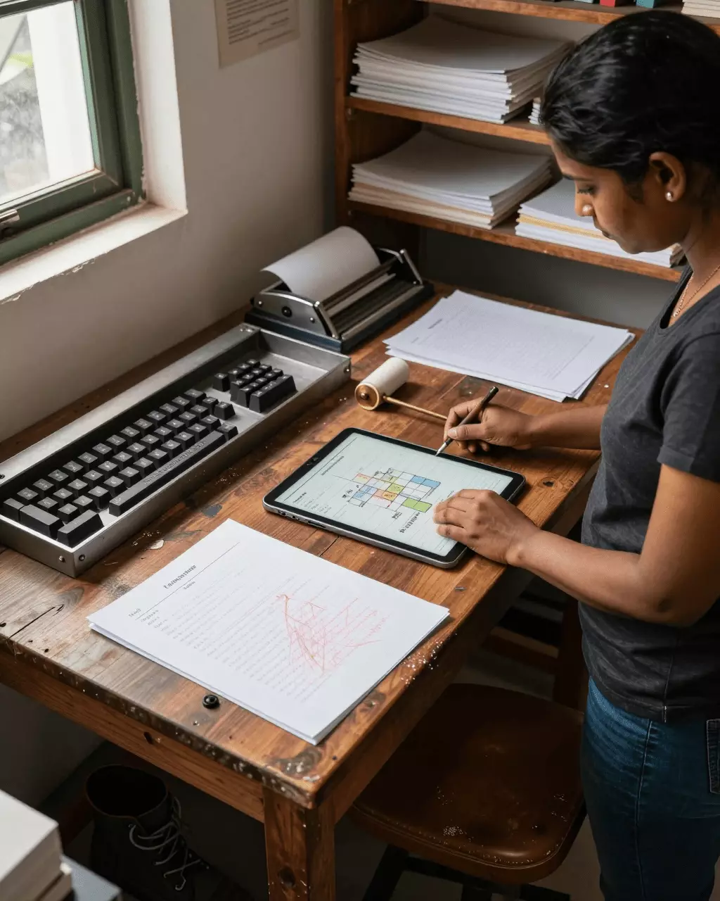 a Tamil woman in her late 20s preparing online for IELTS எழுதும் பாடநெறி: டாஸ்க் 1, டாஸ்க் 2, பேண்ட் ஸ்கோர்கள் மற்றும் கட்டுரைத் திறன்கள்