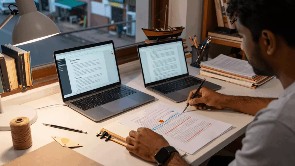 a Tamil woman in her late 20s reviewing an IELTS online course workflow
