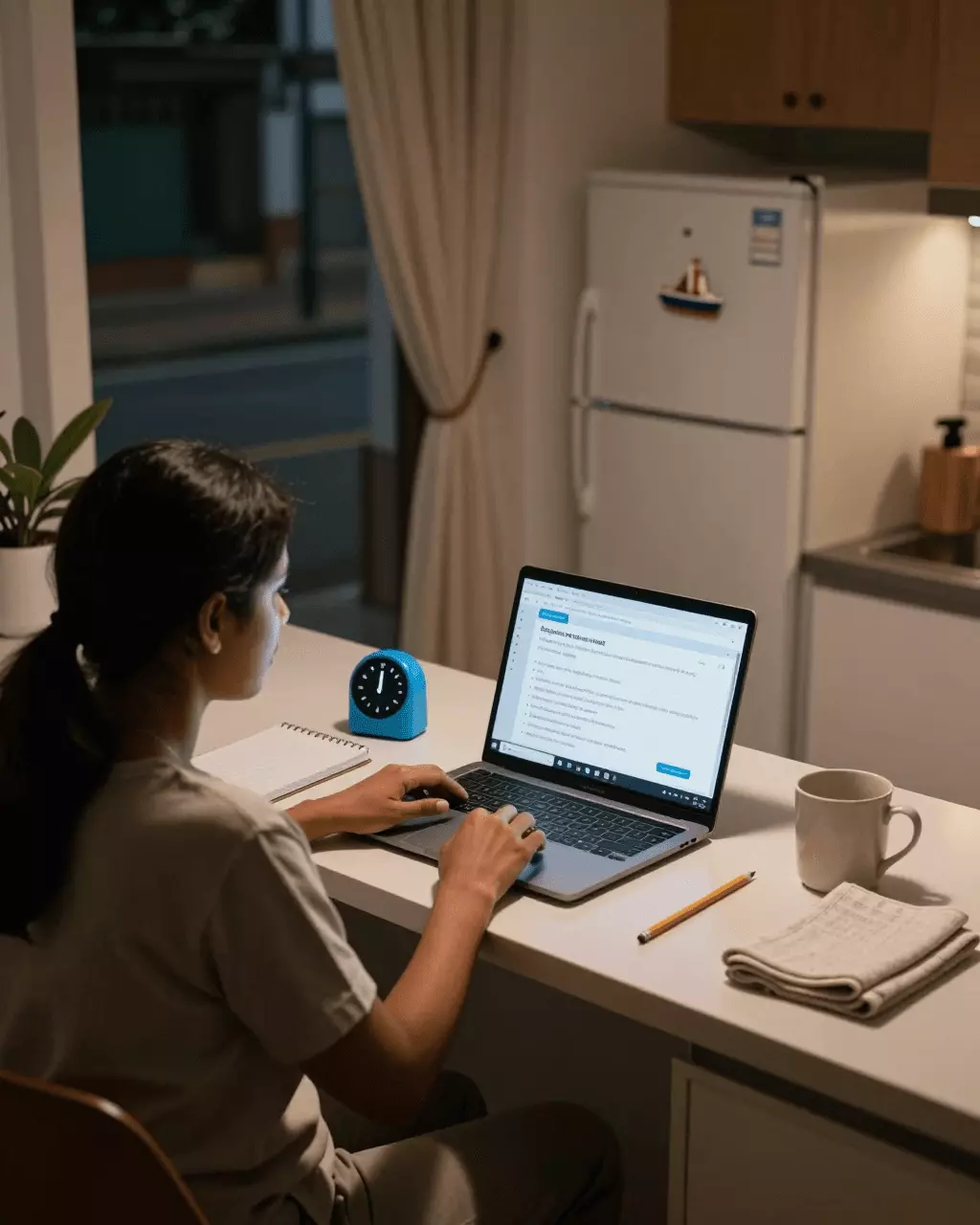 a Tamil woman in her late 20s preparing online for IELTS பயிற்சி சோதனைகள் ஆன்லைனில்: போலி சோதனைகள், மதிப்பெண்கள் மற்றும் தேர்வு தயார்நிலை