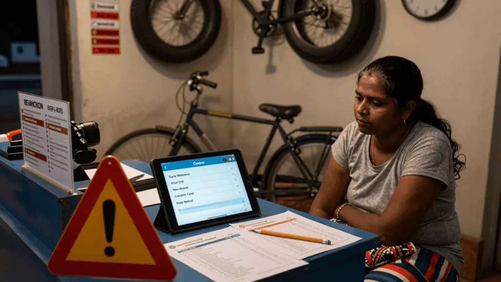 a Tamil woman in her late 20s working through மறுபரிசோதனை