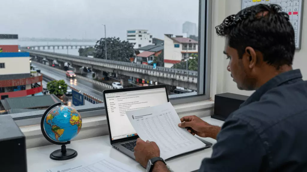 a Tamil woman in her late 20s reviewing an IELTS online course workflow