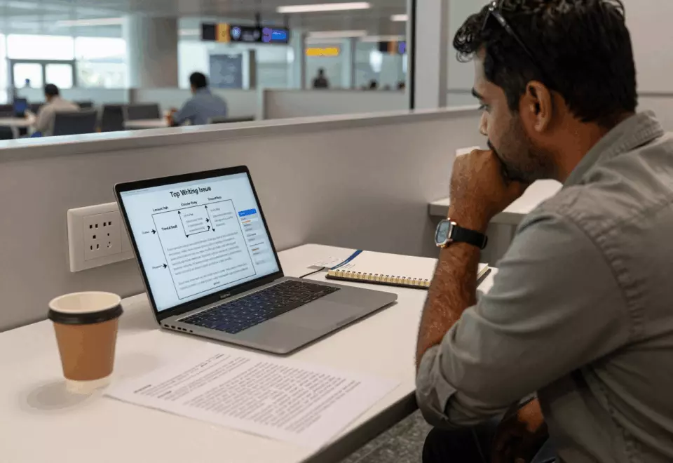 a Tamil woman in her late 20s choosing the next IELTS prep step online