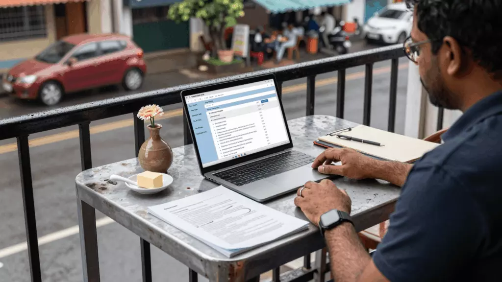 a Tamil woman in her late 20s reviewing an IELTS online course workflow