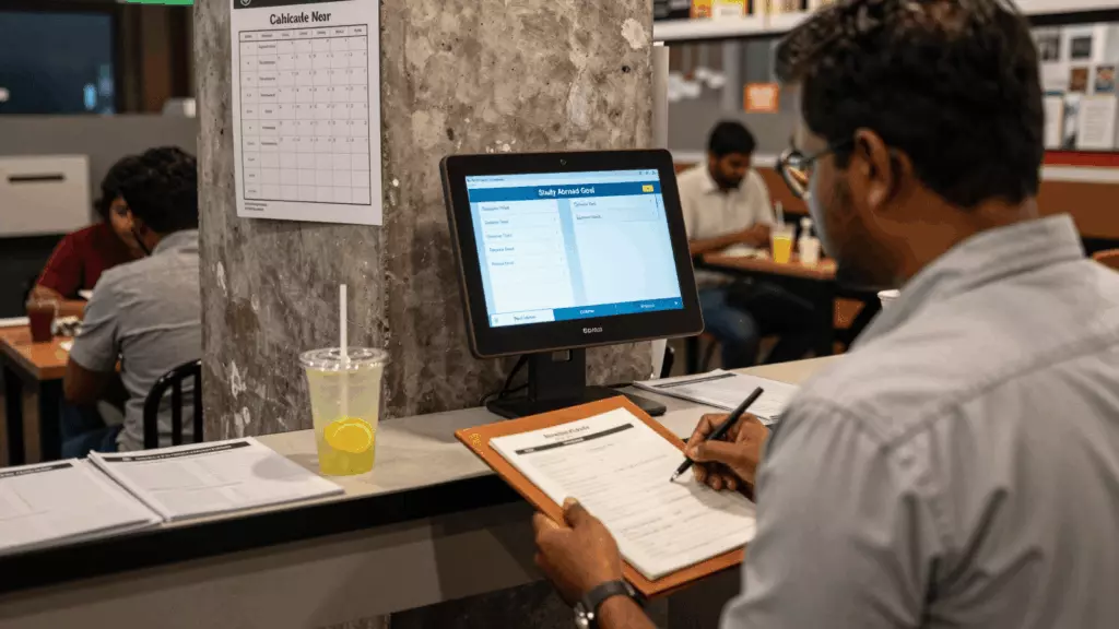 a Tamil woman in her late 20s reviewing an IELTS online course workflow