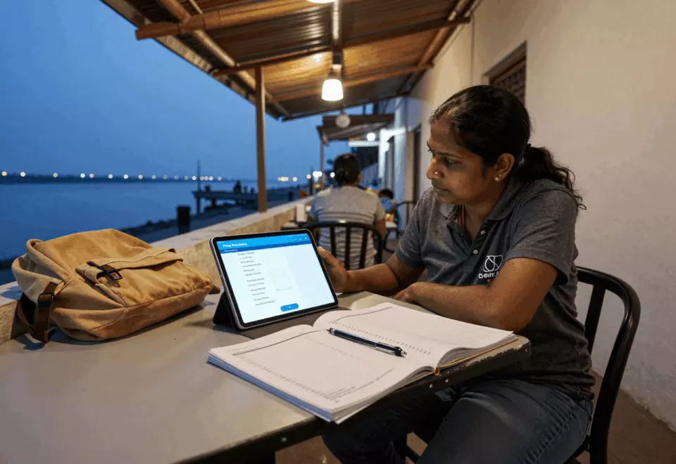 a Tamil woman in her late 20s choosing the next IELTS prep step online