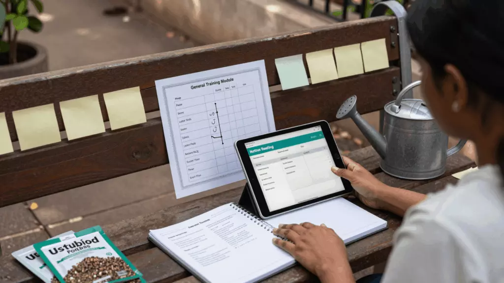 a Tamil woman in her late 20s reviewing an IELTS online course workflow