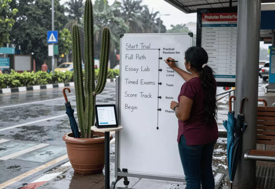 a Tamil woman in her late 20s choosing the next IELTS prep step online