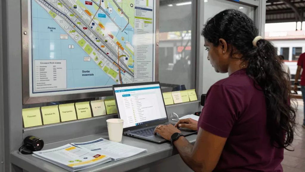 a Tamil woman in her late 20s reviewing an IELTS online course workflow