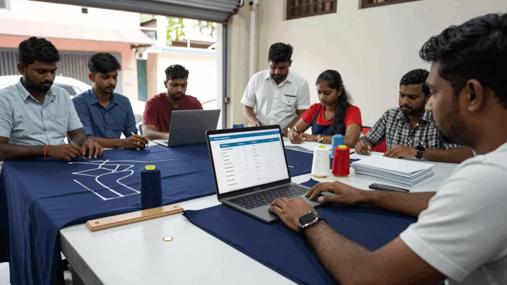 a Tamil woman in her late 20s reviewing an IELTS online course workflow