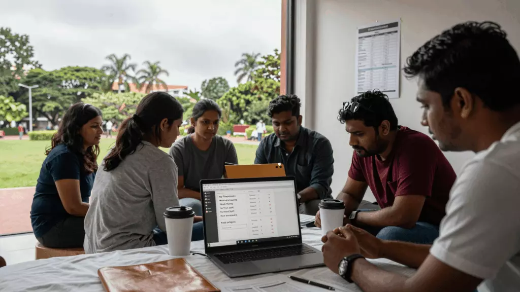 a Tamil woman in her late 20s working through வடிகட்டி