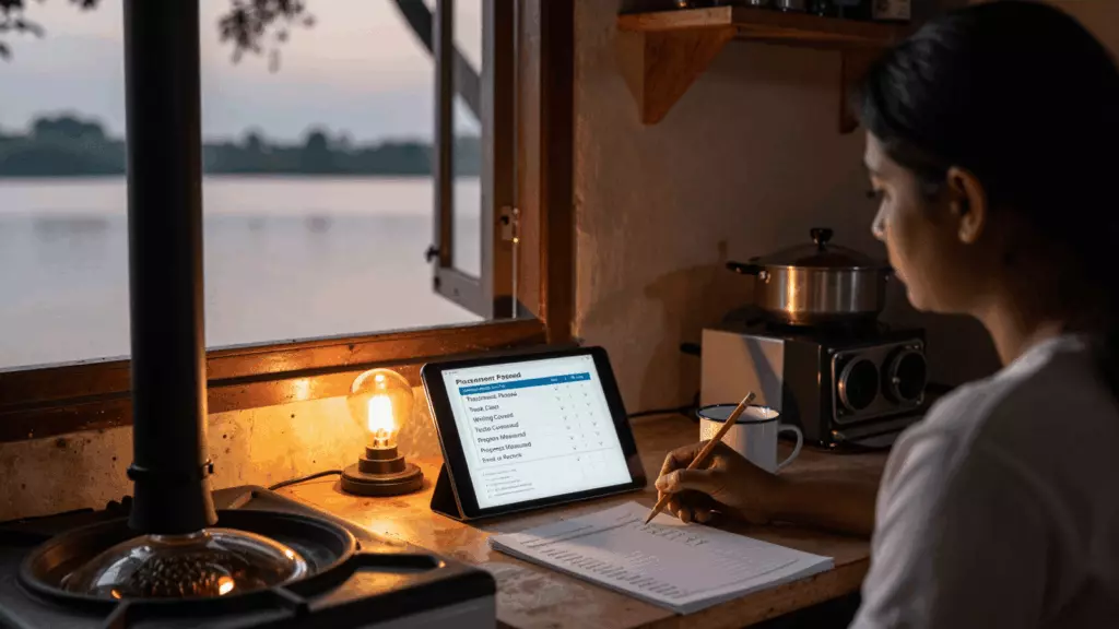 a Tamil woman in her late 20s working through தீர்மானிக்கவும்