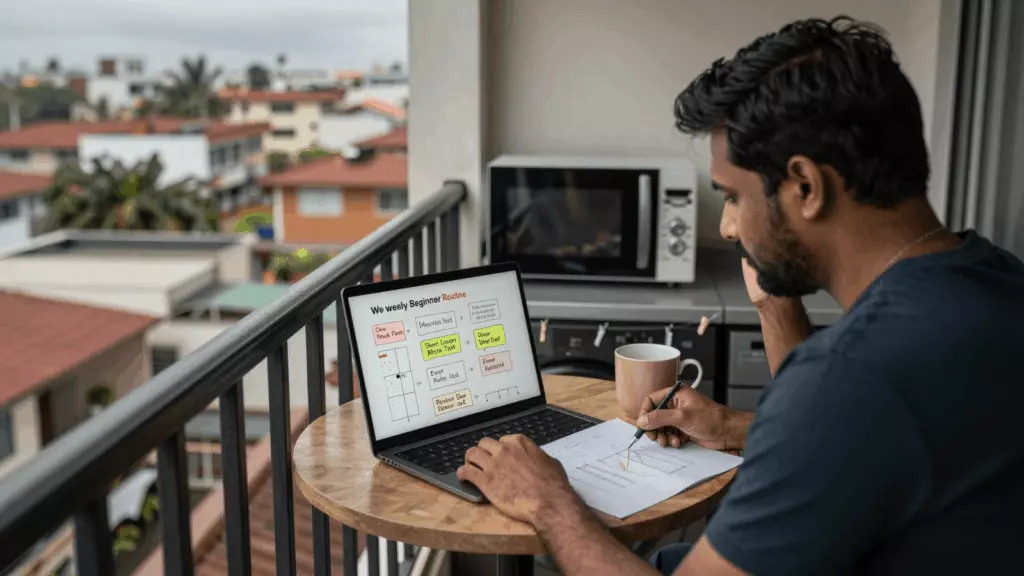 a Tamil woman in her late 20s reviewing an IELTS online course workflow