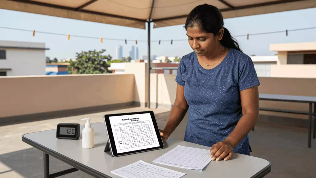 a Tamil woman in her late 20s working through பயிற்சி