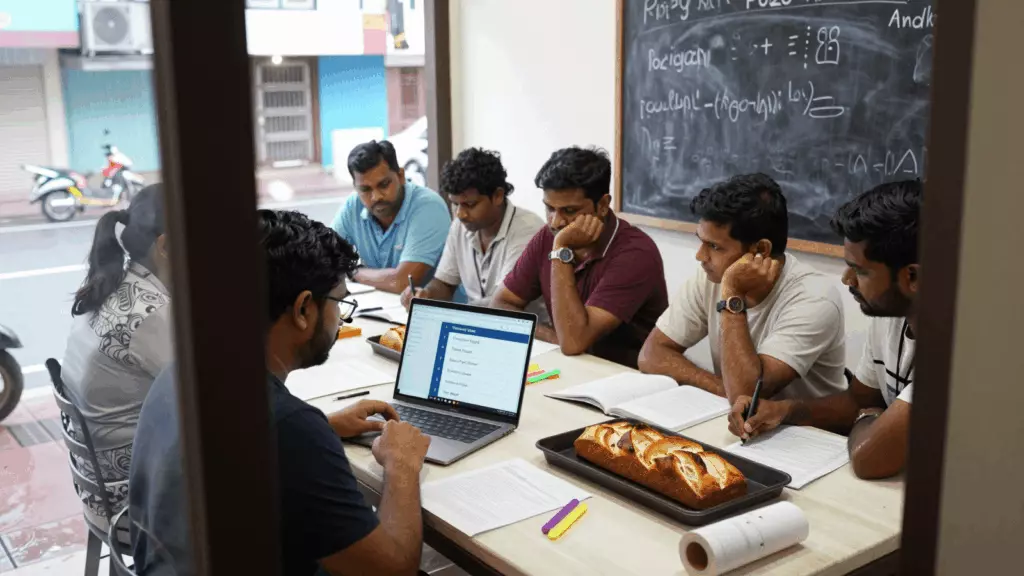 a Tamil woman in her late 20s reviewing an IELTS online course workflow