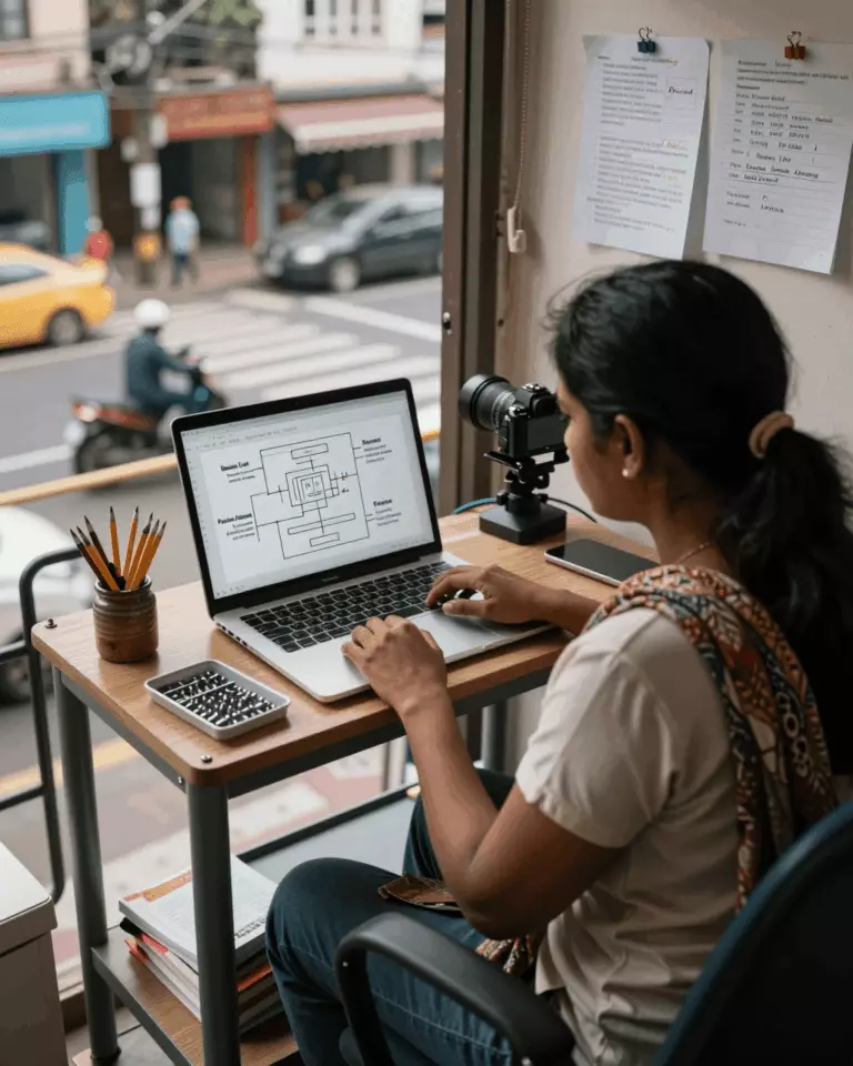 a Tamil woman in her late 20s preparing online for பாடங்கள், பயிற்சி மற்றும் எழுதுதல் மதிப்பாய்வு மூலம் உங்கள் IELTS பேண்ட் ஸ்கோரை மேம்படுத்துவது எப்படி