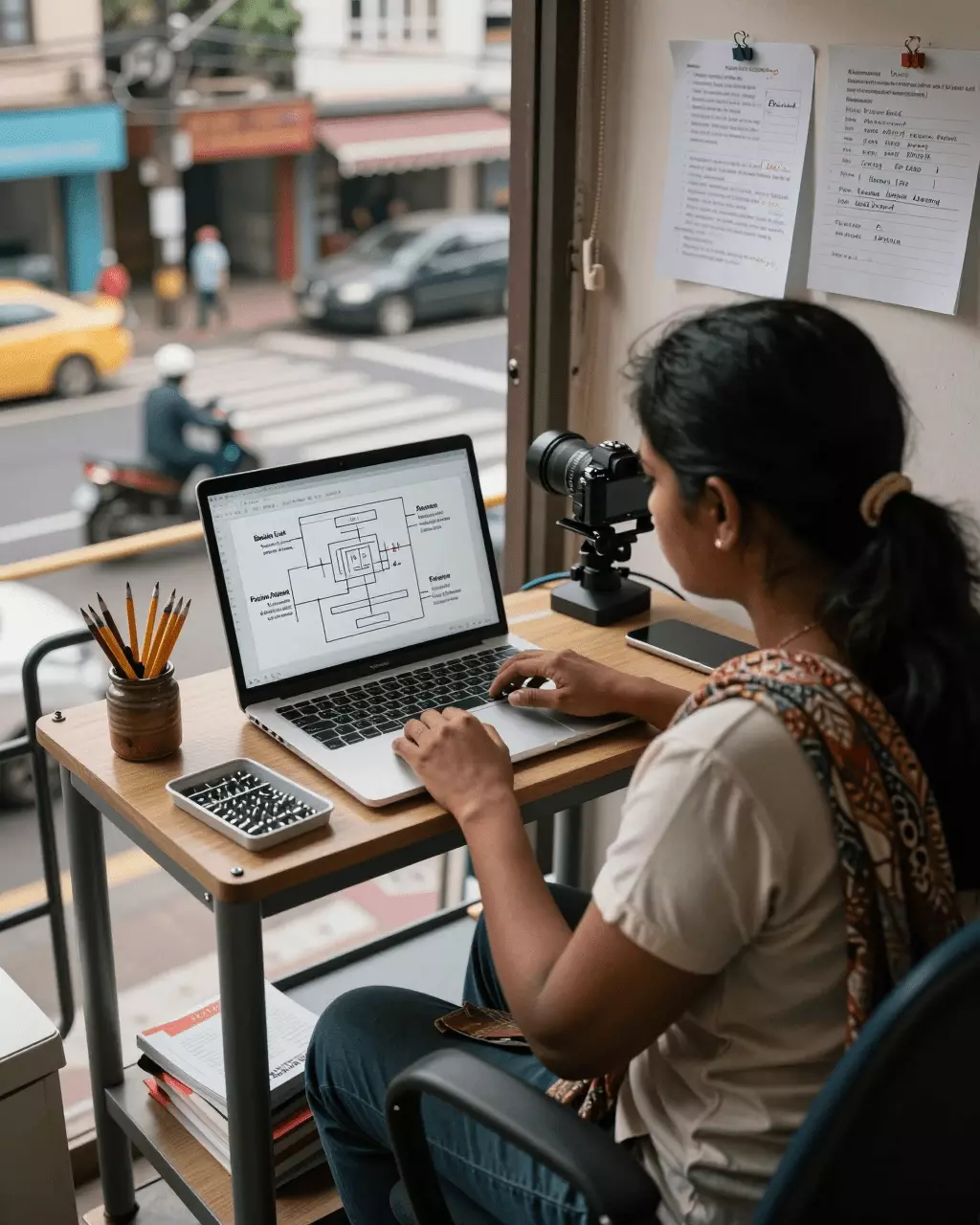 a Tamil woman in her late 20s preparing online for பாடங்கள், பயிற்சி மற்றும் எழுதுதல் மதிப்பாய்வு மூலம் உங்கள் IELTS பேண்ட் ஸ்கோரை மேம்படுத்துவது எப்படி