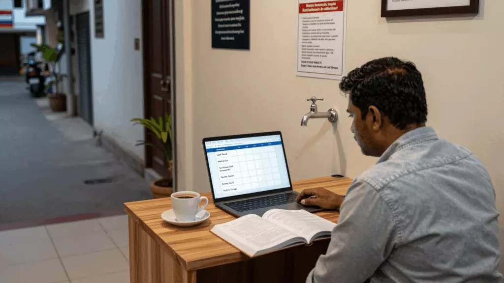 a Tamil woman in her late 20s reviewing an IELTS online course workflow
